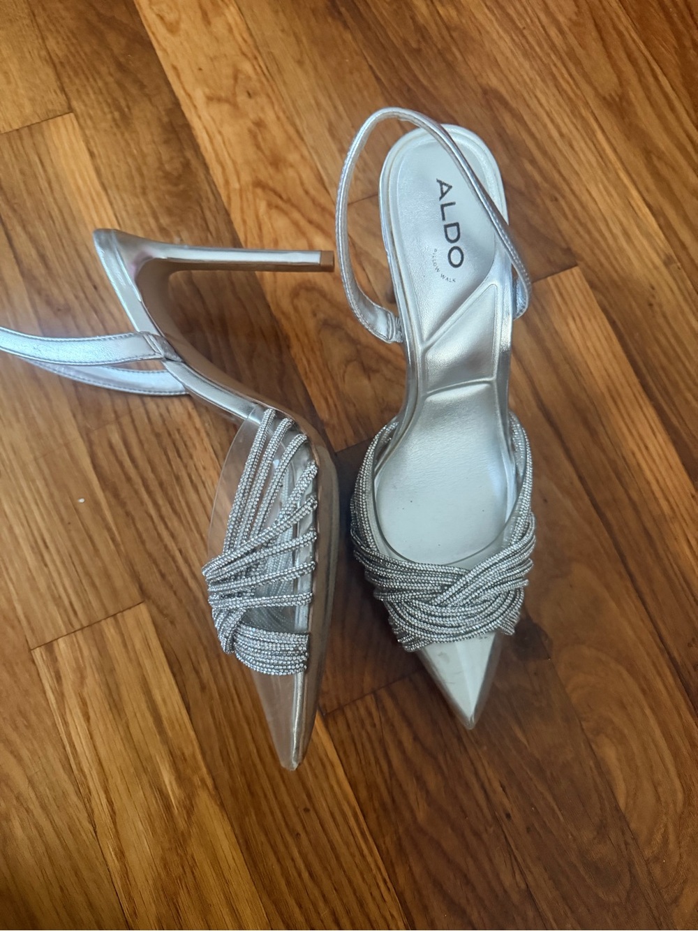 ALDO Silver Pointed-Toe Slingback Heels with Beaded Straps